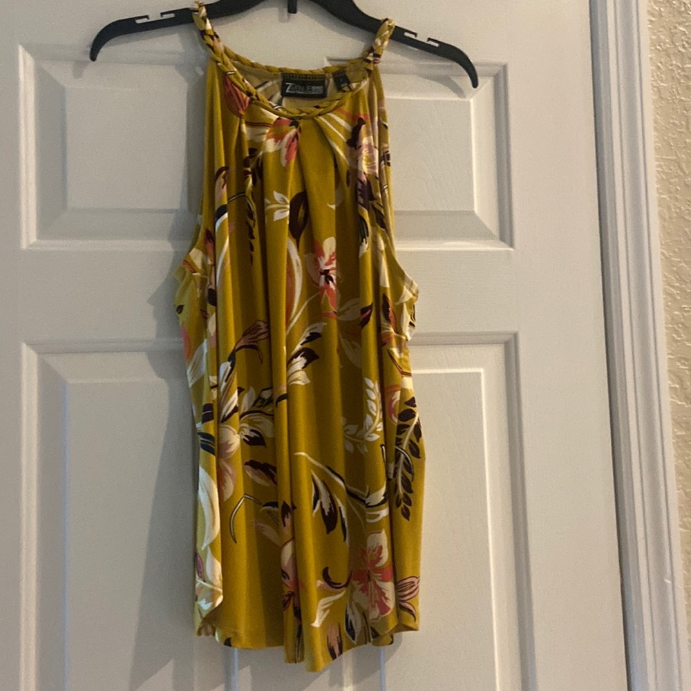 New York and Company, mustard, yellow halter top with purple flowers
